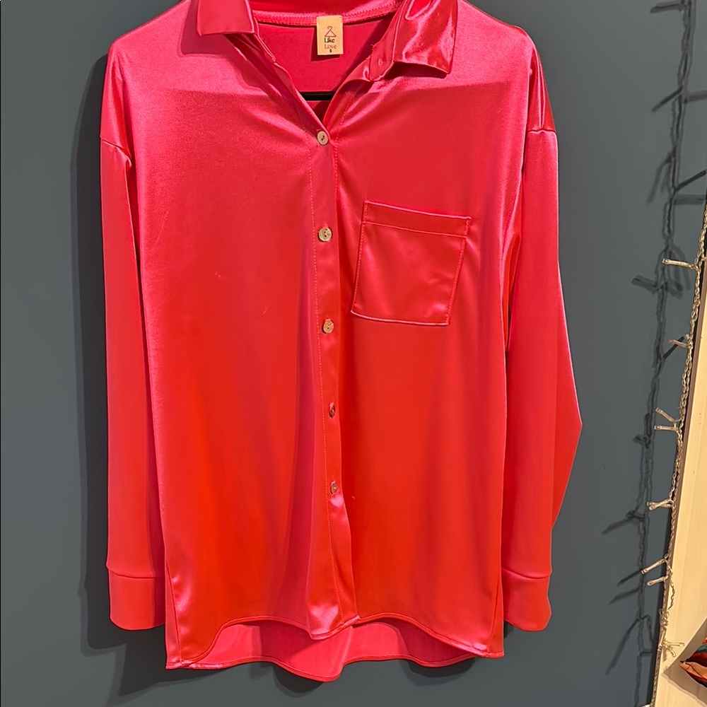 L'Academie Red Satin Button-Up Shirt